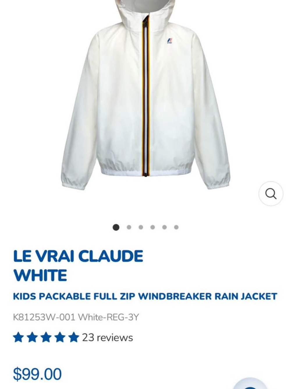K-Way Kids White Packable Raincoat with Navy & Yellow Zip Trim